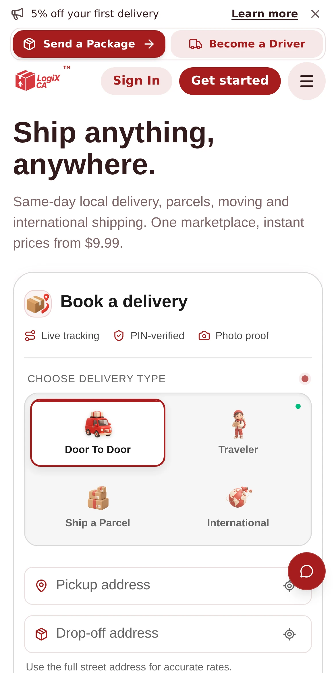 LogiX Canada delivery booking screen