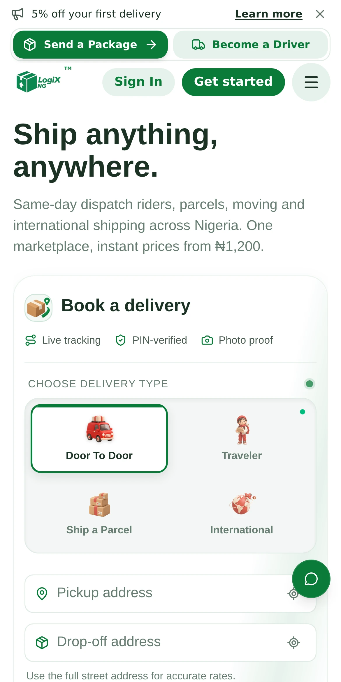 LogiX Nigeria delivery booking screen