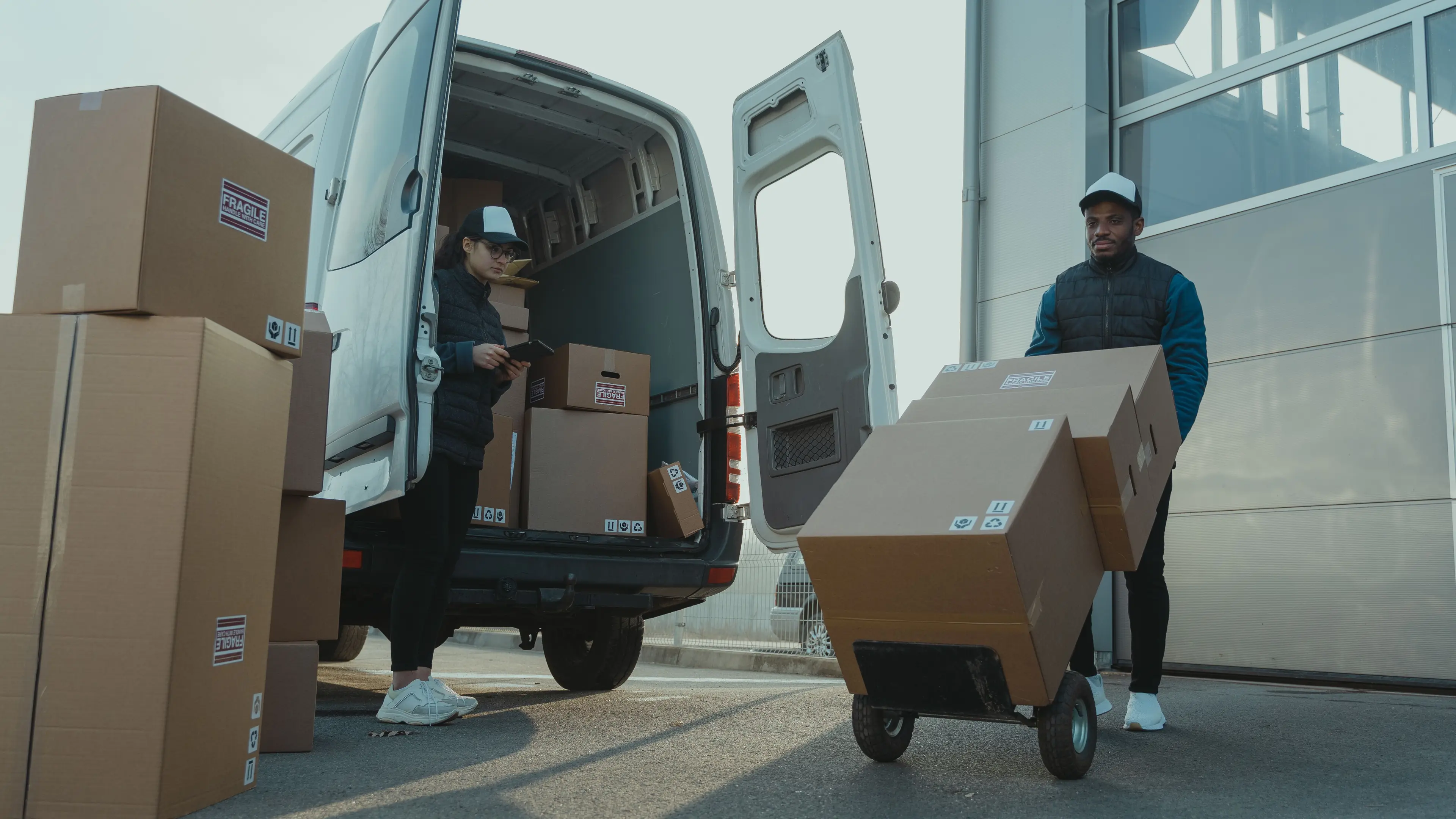 Delivery workers moving parcels beside a van