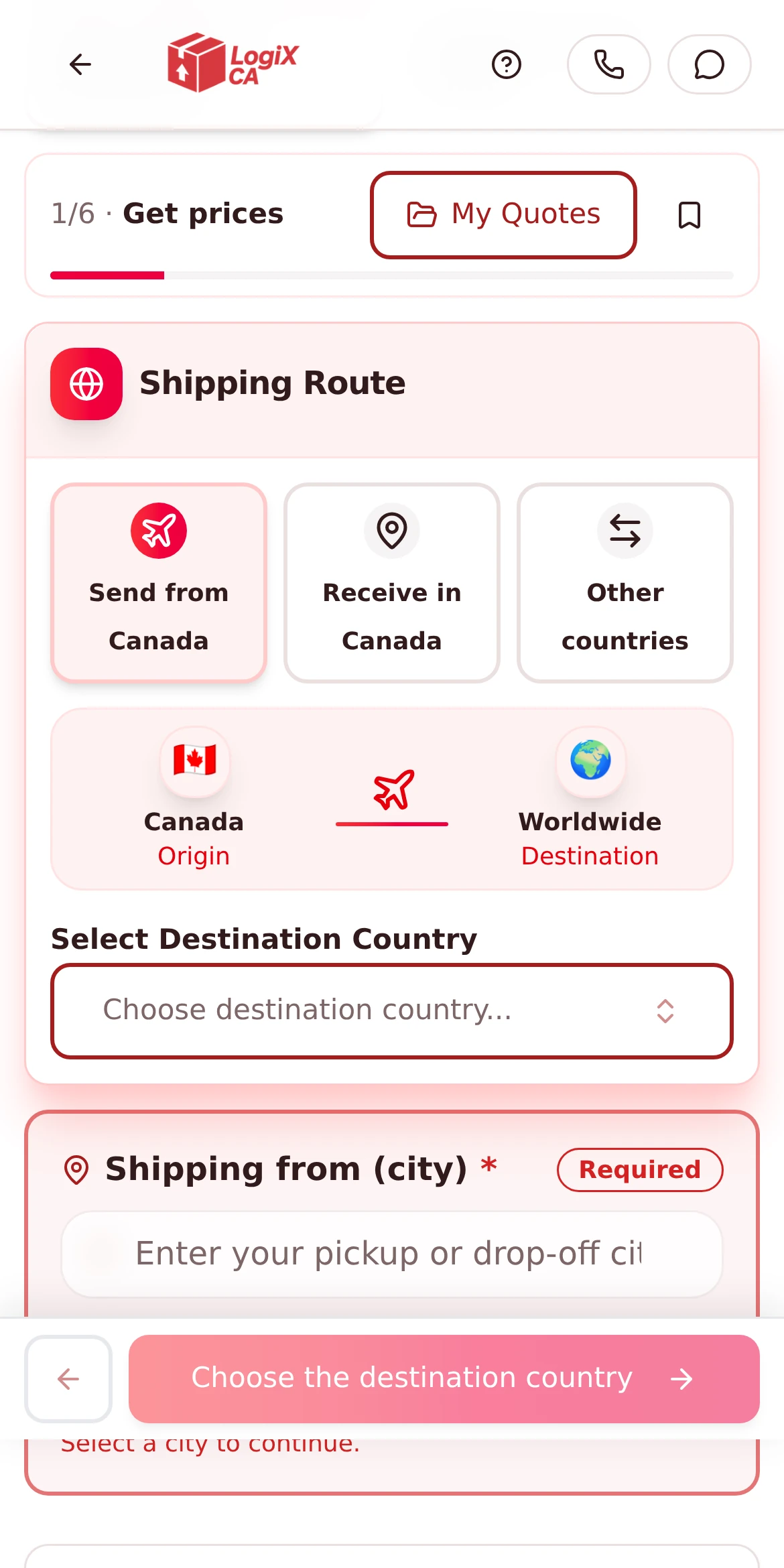 LogiX Canada international shipping screen