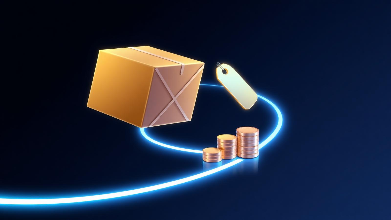 A floating parcel with a price tag and stacks of coins along a glowing blue route — cheap international shipping with LogiX.