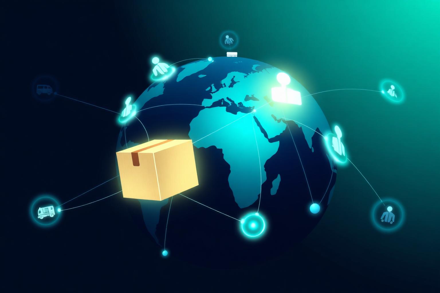 A glowing digital logistics network connecting people, vehicles and a central parcel across a globe, representing the LX Mobility crowd powered innovation stack.