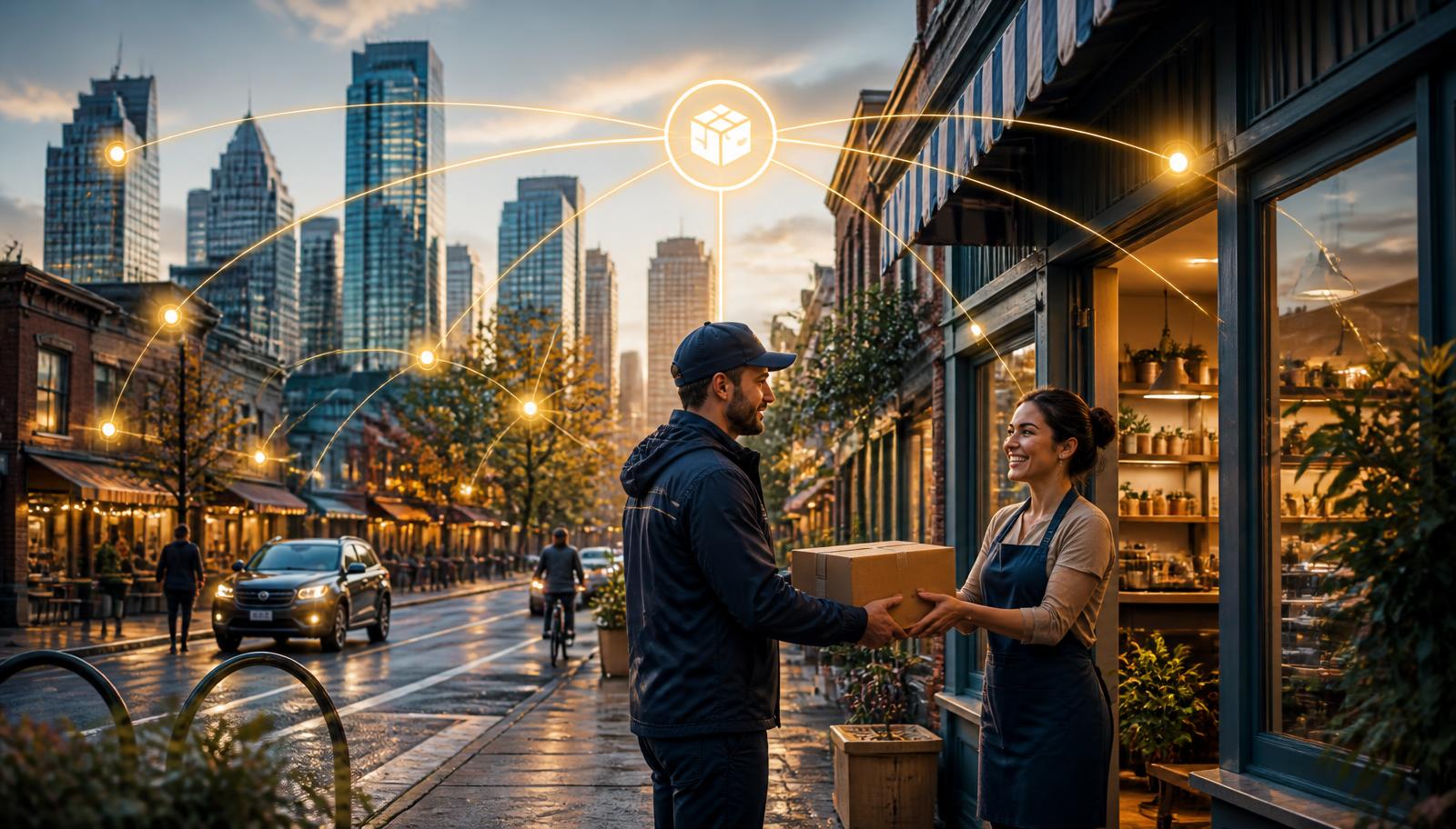 An Edmonton small business owner receiving a parcel from a local delivery driver on a charming city street, with glowing network lines connecting nearby storefronts through a shared crowd logistics hub.
