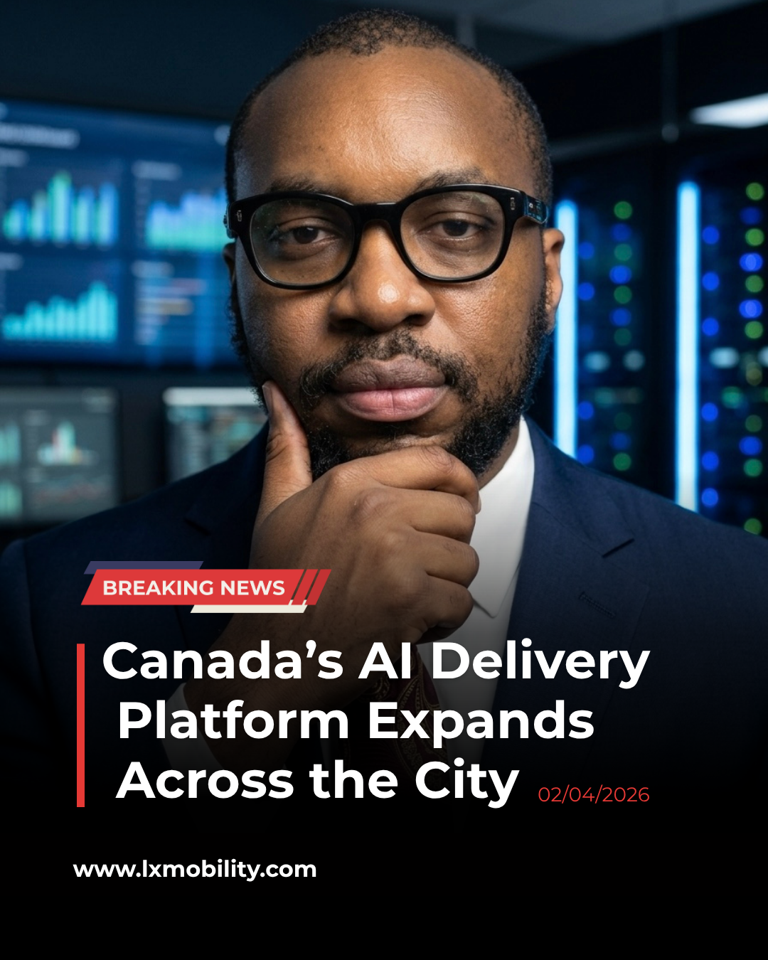 Breaking news style portrait of LogiX Co-Founder Chijioke Okoye in a server room with live data dashboards announcing Canada's AI delivery platform expanding across the city