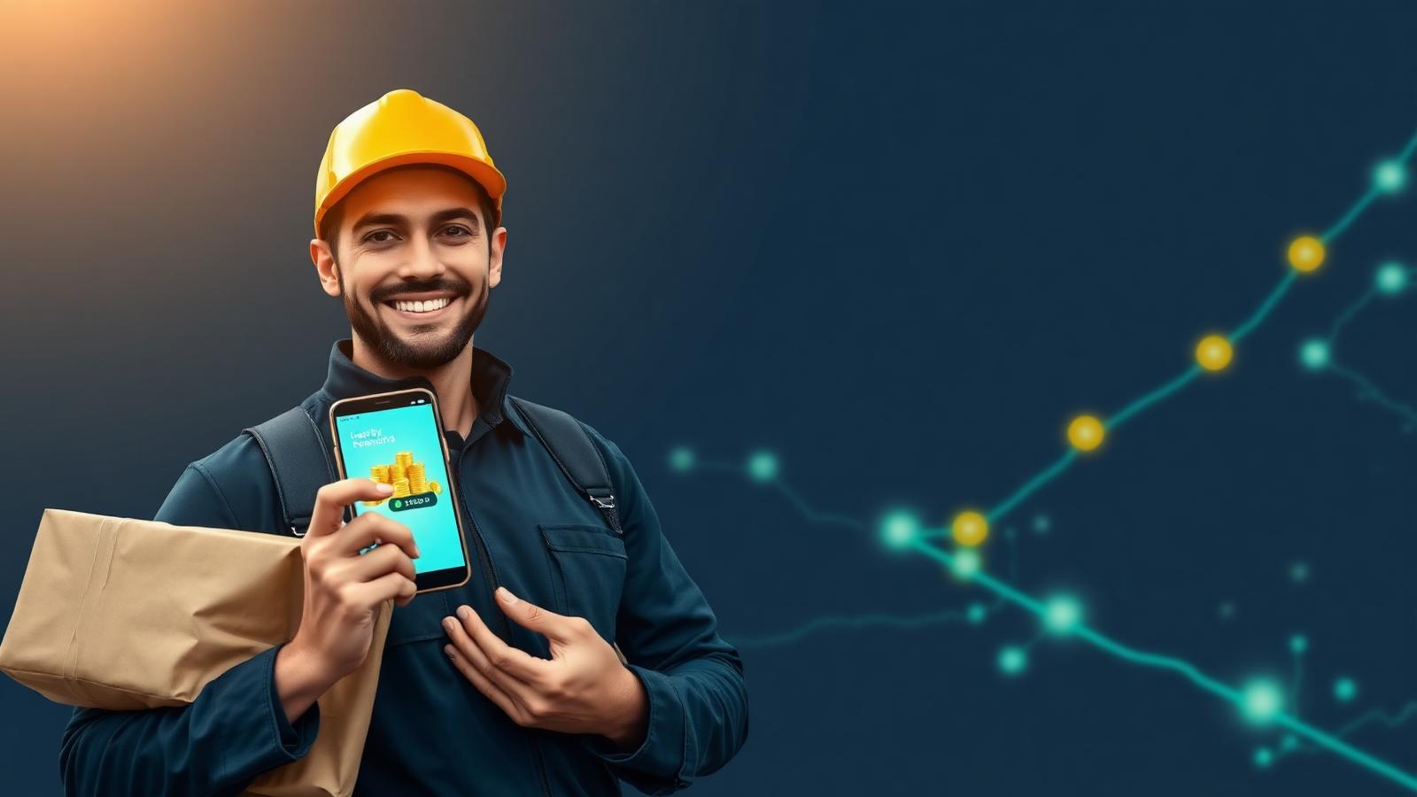 A smiling courier holding a phone showing earnings with a parcel and a rising route of coins in the background — earn money delivering packages with LogiX.