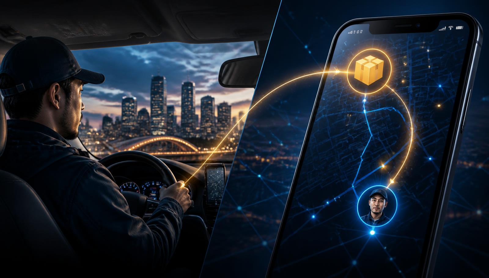 A delivery driver in a car at dusk with the Edmonton skyline behind them, connected by glowing digital lines to a smartphone showing a real-time parcel-to-driver matching map by LogiX.