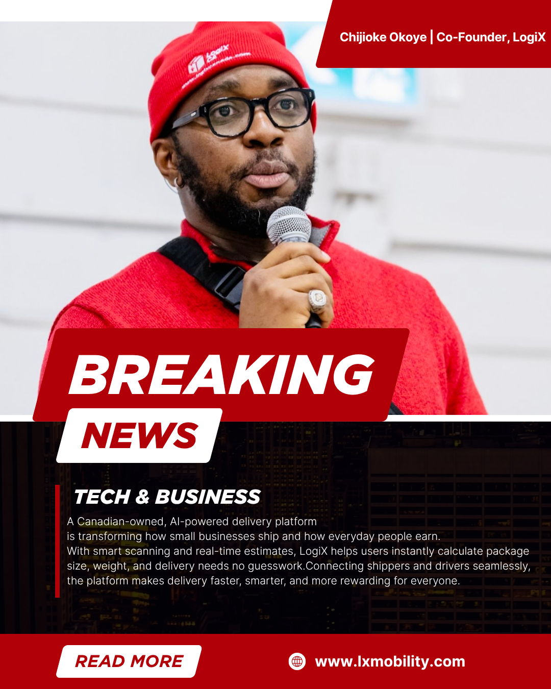 Breaking news style portrait of LogiX Co-Founder Chijioke Okoye speaking at a community event in a red LogiX beanie