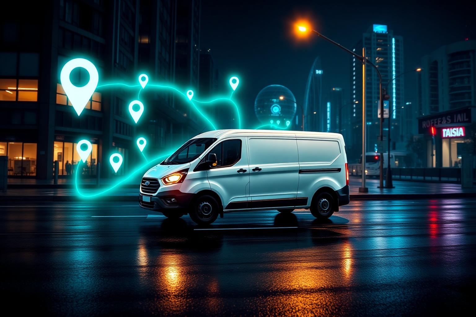 A white delivery van on a wet city street at night following a glowing blue-green route past parcels and location pins — the future of last mile delivery by LX Mobility.