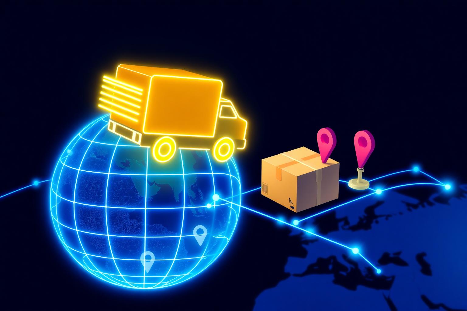 A glowing digital globe with a neon delivery truck, parcel and route lines representing logistics evolving with technology, branded LX Mobility.