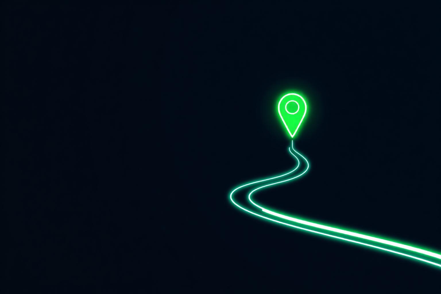 A glowing neon road turning from blue to green leading to a bright location pin on a dark background — every route is an opportunity with LX Mobility.