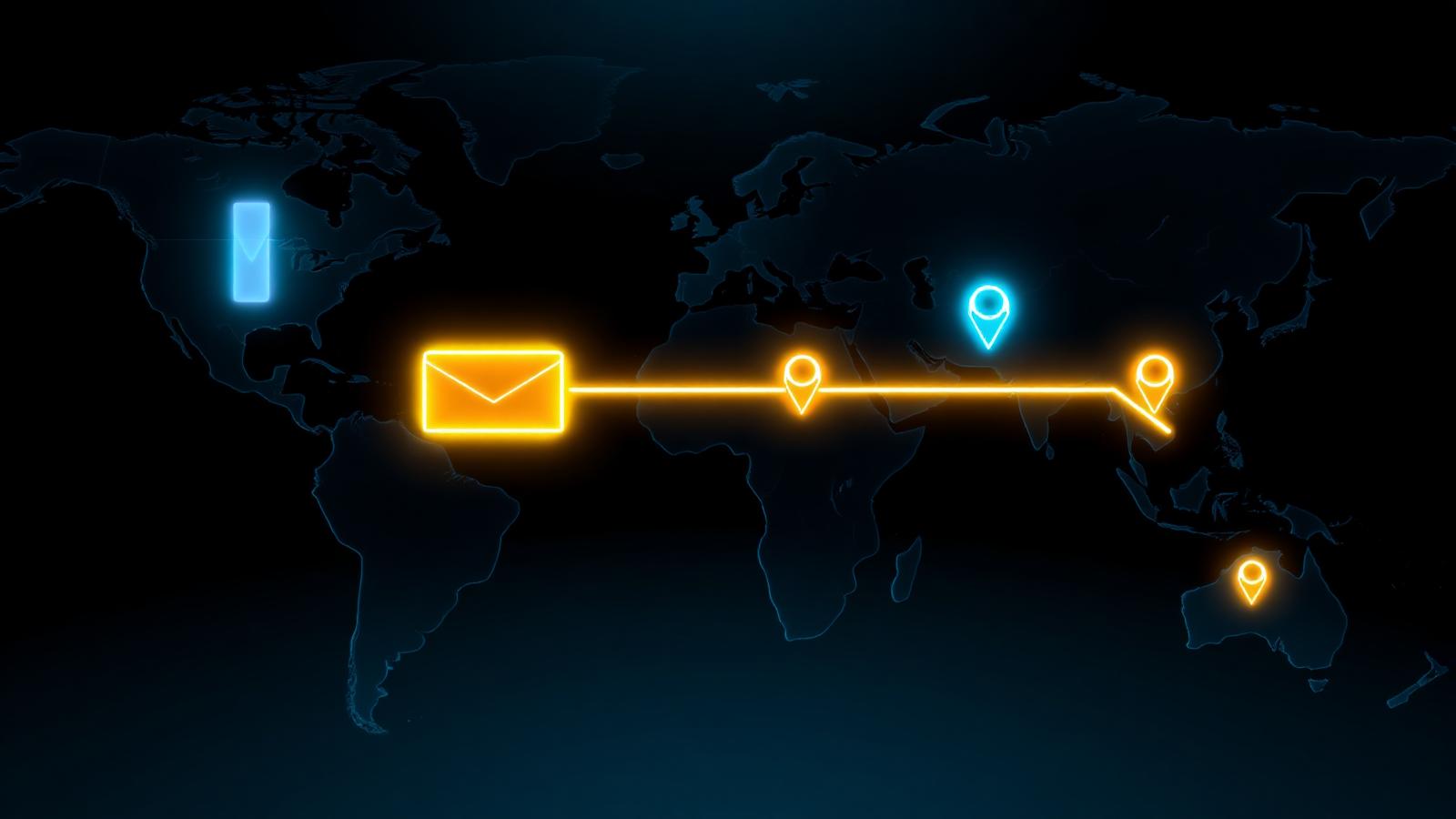 A glowing gold delivery route across a dark world map connecting Nigeria, the UK, the US and Canada with a parcel and location pins — how to send a parcel internationally with LogiX.