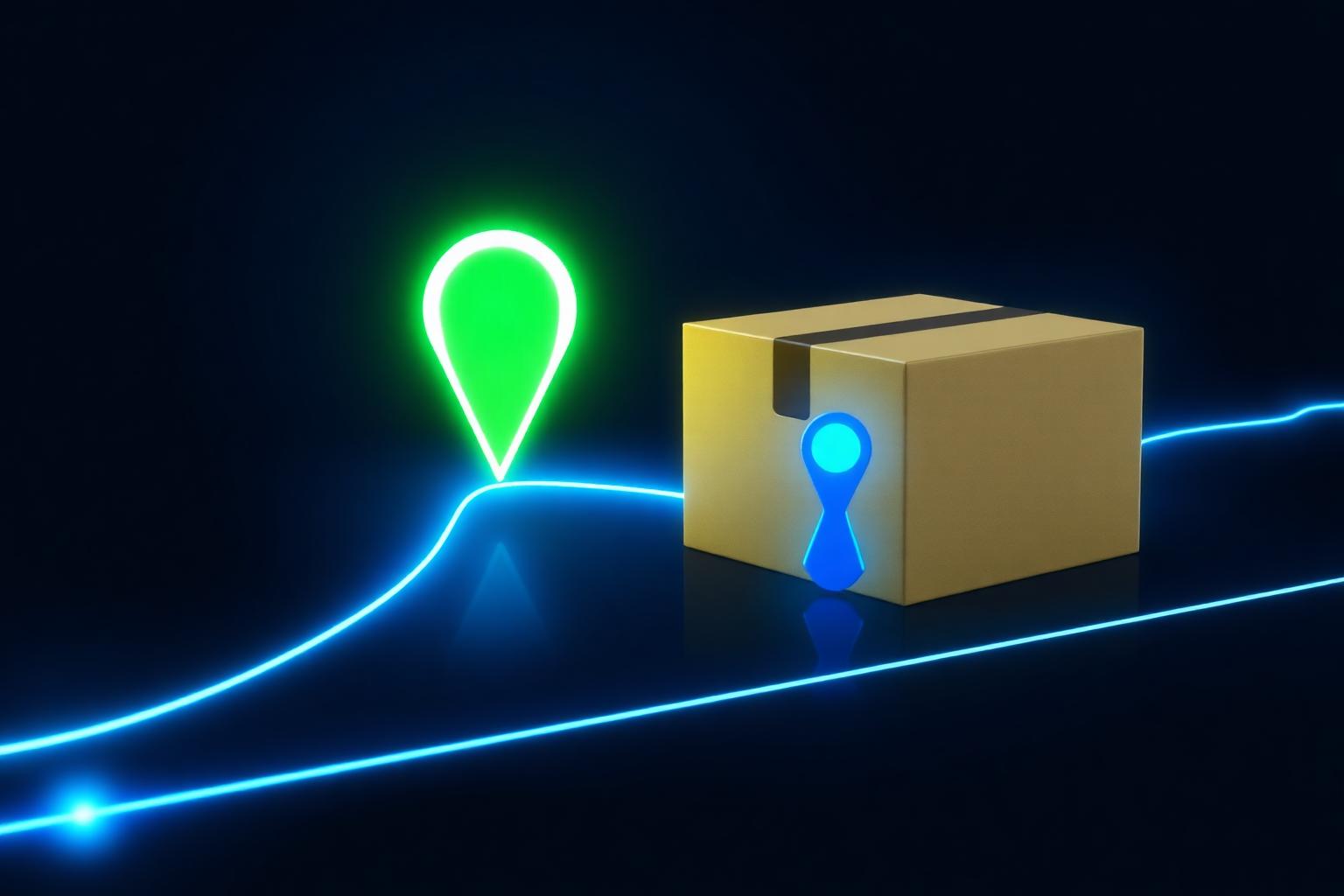 A glowing neon delivery route winding between a green and blue location pin past a parcel, branded LX Mobility — smarter delivery starts here.