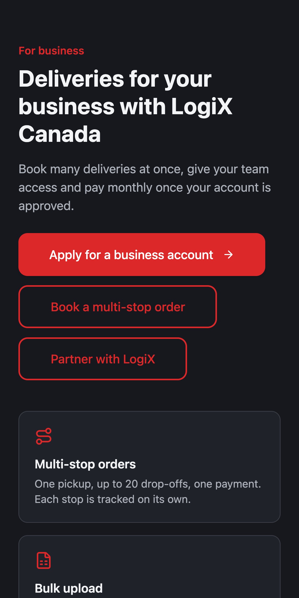 LogiX Canada business deliveries screen