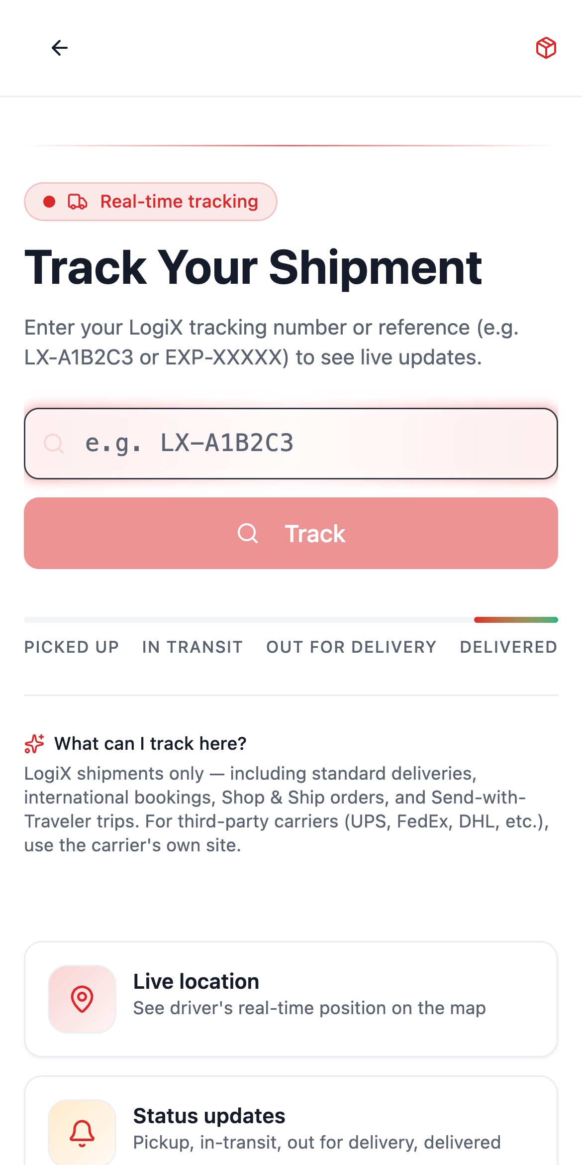 LogiX shipment tracking screen