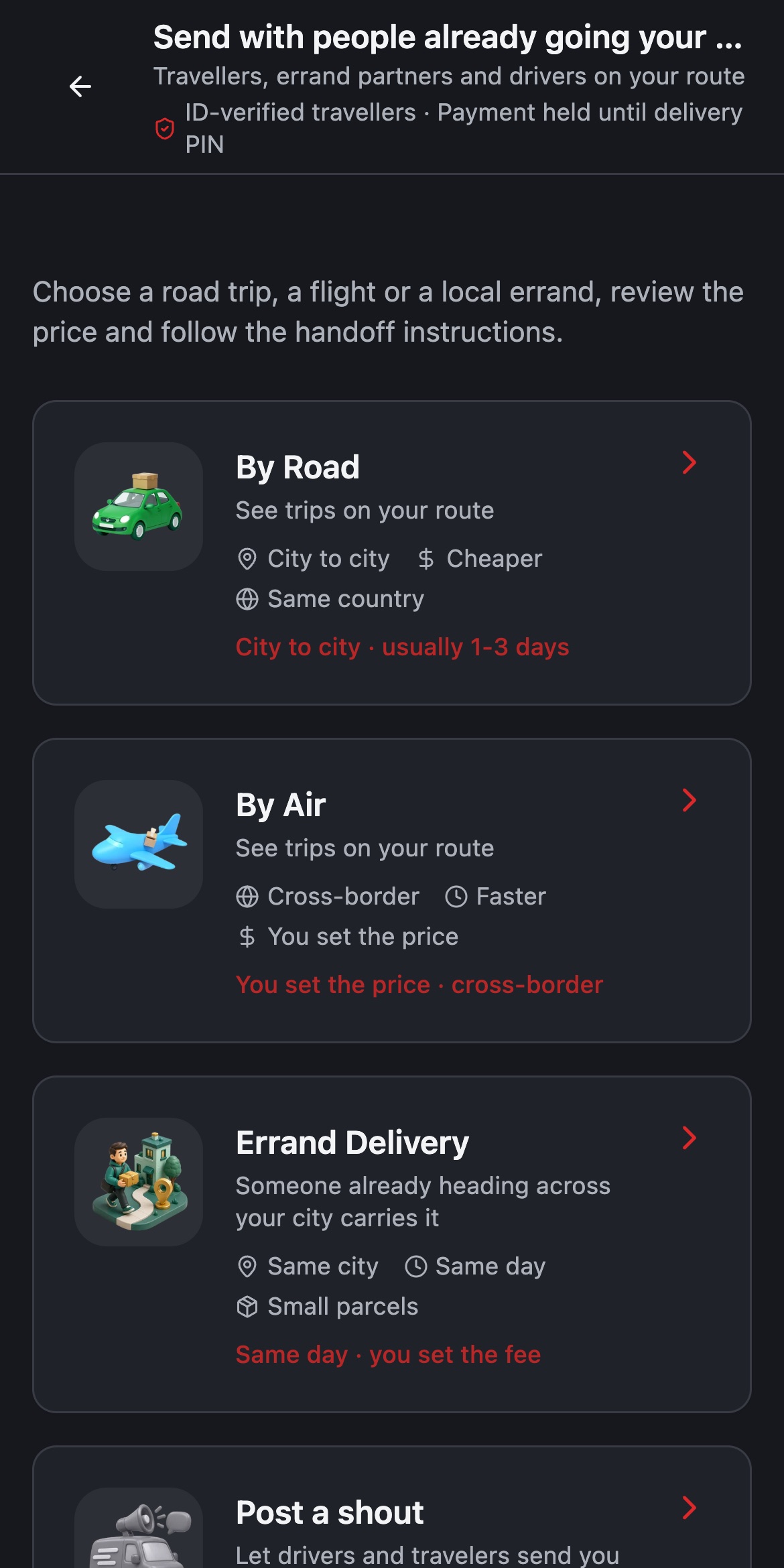 Send with a traveler: road, air and errand options