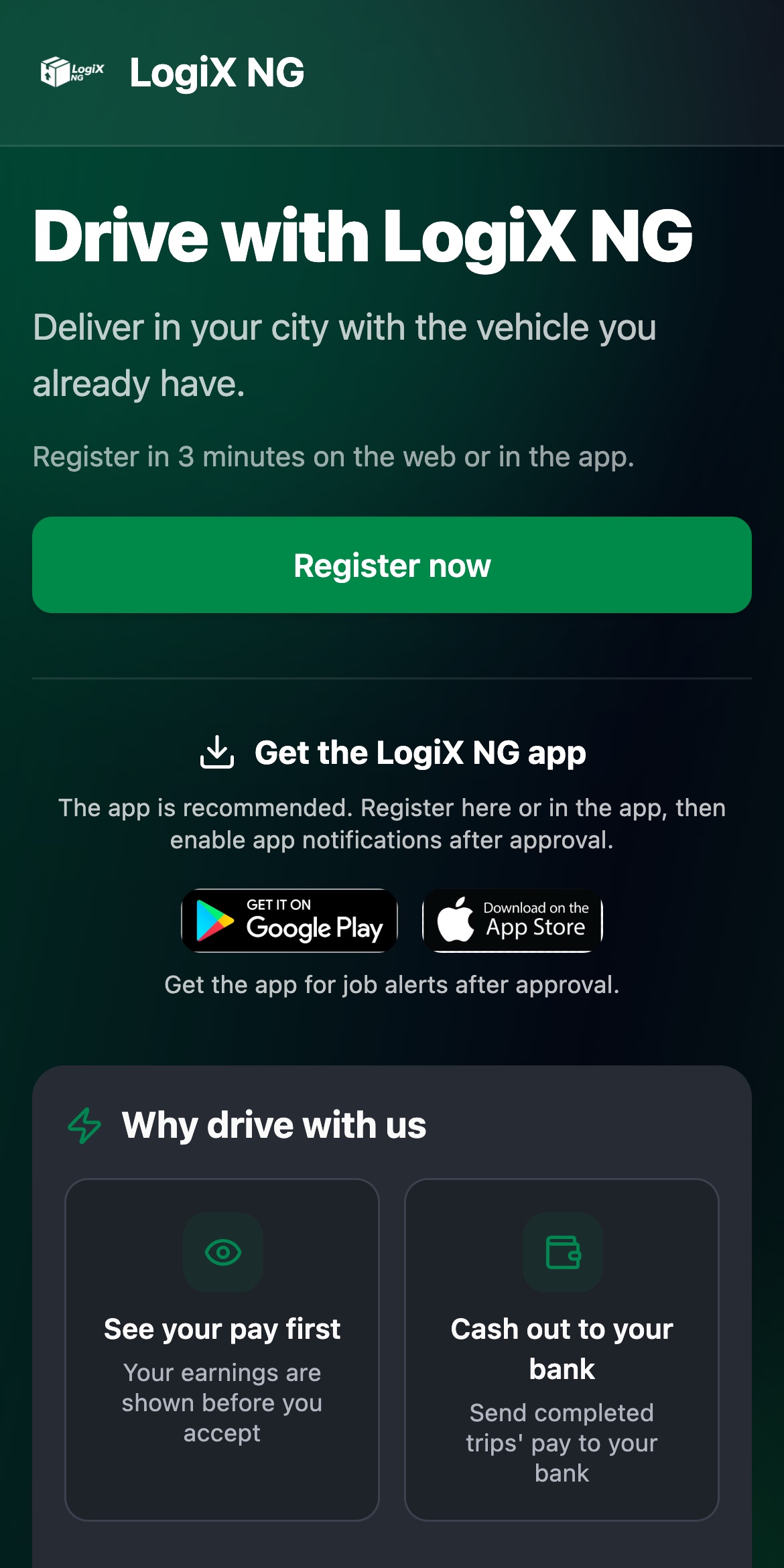 Drive with LogiX NG sign-up screen