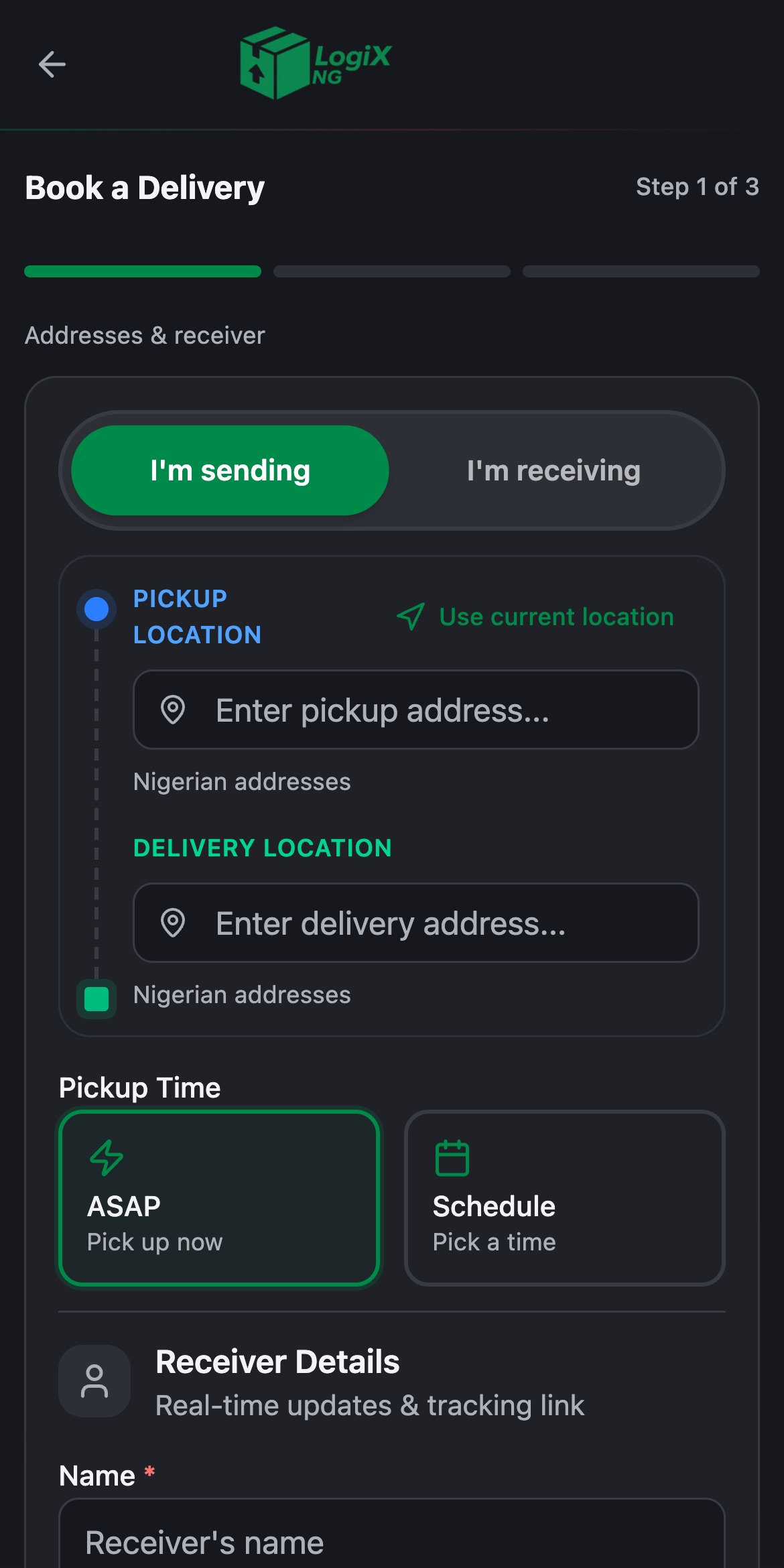 LogiX Nigeria Quick Send booking form