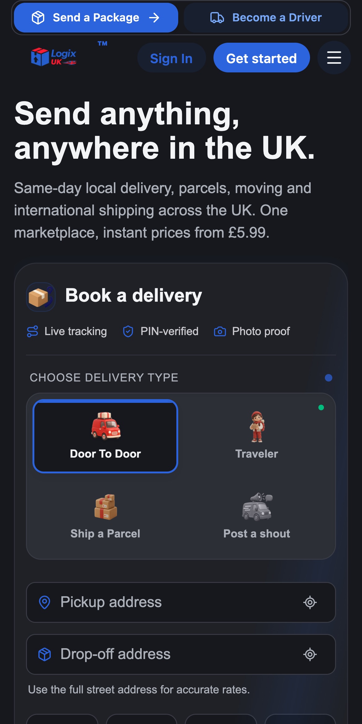 LogiX UK home booking screen